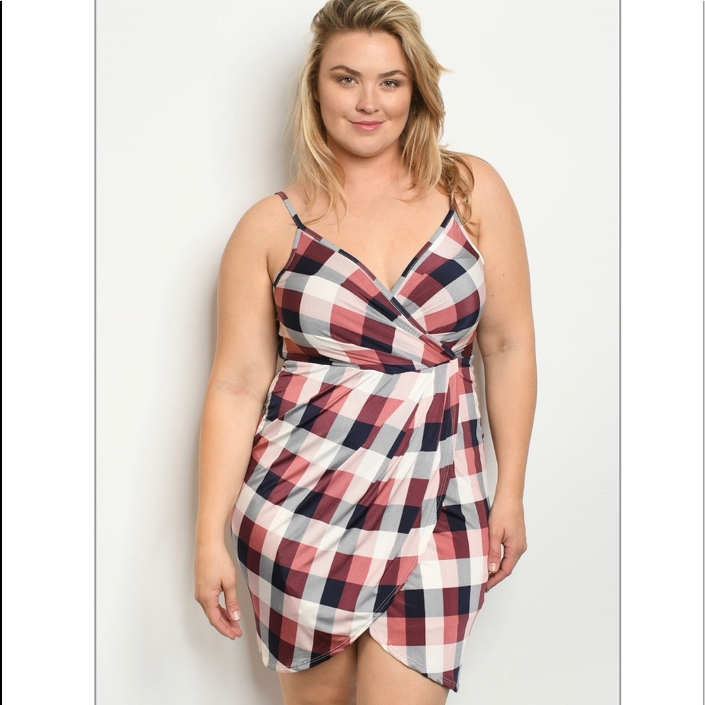 Plaid fitted Tulip Wrap Tank Dress Plus Size Polyester - Picture 3 of 7